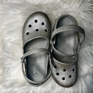Girls Silver Glitter Mary Jane style crocs
